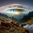 Astronaut gazes at glowing ring in rocky desert landscape