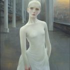 Digital artwork of woman in white dress in futuristic cityscape