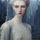 Young Woman in Elegant Garment Against Misty Cityscape