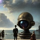 Group of individuals in surreal alien landscape with large futuristic device and vast sky.