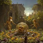 Golden humanoid figures in lush garden with transparent orb amidst vibrant flora