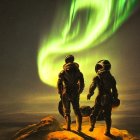 Astronauts on rocky terrain observing green aurora in alien sky