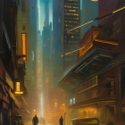 Futuristic night cityscape with moon, towering buildings, lights, figures, and classic car