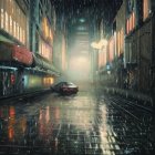 Dystopian cityscape: flooded streets, dilapidated buildings, abandoned cars