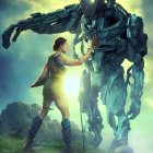 Futuristic woman with mech on rocky terrain under green sky