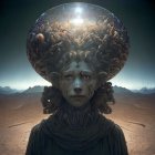 Elaborate transparent helmet with cosmic elements in desert under starry sky