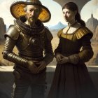 Futuristic man and historical woman in desert scene