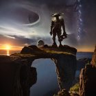 Astronaut on rocky alien arch gazes at starry sky and setting sun