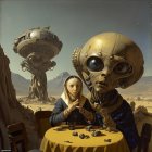 Woman at table with scattered objects, facing large robot head in futuristic desert landscape