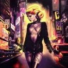 Stylized female figure in futuristic cityscape with fiery halo and gun