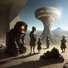 Astronauts in suits on dusty alien planet with futuristic base.