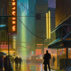 Urban Night Scene with Neon Lights and Skyscrapers