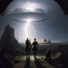 Two figures in hats observe an alien scene with a ring-shaped ship and lightning in a rocky landscape.