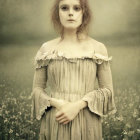 Ethereal woman in vintage ruffled dress in misty field