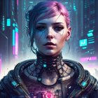 Futuristic woman with blue-purple hair in cybernetic armor in neon-lit cityscape