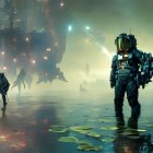 Armored figures in futuristic setting by water with hovering ships and green sky