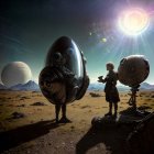 Person standing on alien desert with spaceship and robot under bright sun