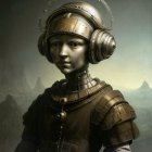 Young woman in futuristic medieval armor portrait against misty mountains