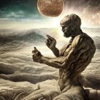 Giant stone statue of bearded man in cloudy sky with planet background