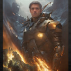 Futuristic armored person in smoky environment with fiery sparks