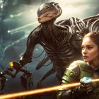 Futuristic armor woman with alien creature in starry space