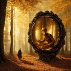 Person in sunlit autumn forest with spherical mechanical pod and humanoid figure.