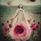 Surreal portrait of a woman in white gown above giant rose and dark tree