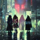 Futuristic cloaks on three figures in neon-lit cityscape