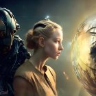 Futuristic woman in helmet with alien creature and robot in cosmic scene