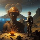 Giant humanoid face and brain structure in surreal alien landscape