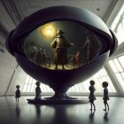 Futuristic egg-shaped vessel showcases historical scene with modern onlookers