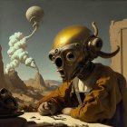 Astronaut in Brass Helmet Contemplates in Futuristic Cityscape