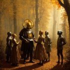 Group in Vintage Diving Helmets and Victorian Attire in Misty Forest