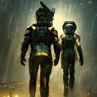 Astronauts in space suits under falling rain on soft backlight