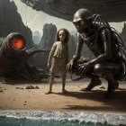 Woman, robot, spaceship, and alien creature on rocky alien planet