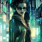 Digital artwork: Woman in sunglasses and fur coat in vibrant futuristic cityscape