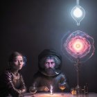 Man and woman observe glowing galaxy in futuristic apparatus