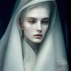 Portrait of a person with pale skin and gray-blue eyes in white cloak on dark blue background