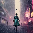 Glowing figure in futuristic city at twilight with crow and neon signs