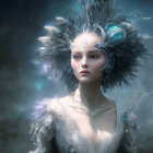 Fantastical woman with pale skin, feathered headdress, and intricate jewelry in misty setting