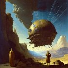 Futuristic airship descending in desert canyon with figures in robes.