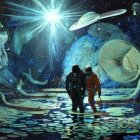 Astronauts walking to spacecraft in futuristic spaceport