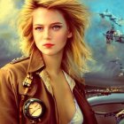 Blonde woman in pilot jacket with fighter jets and aircraft carriers.