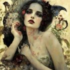 Surreal portrait of a pale-skinned woman with roses and birds.