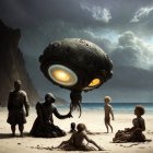 Group of people at dramatic beach with futuristic spherical robot