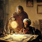 Renaissance individuals examine glowing orb in cluttered alchemist's workshop