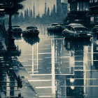 Urban night scene with reflective wet streets, cars, and futuristic vibe.