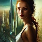 Intense gaze woman with wavy hair in futuristic city backdrop