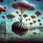 Surreal underwater scene with jellyfish-like creatures and striped seashell in teal-tinted