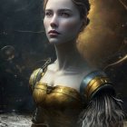 Ethereal woman in golden armor with feathered shoulder pieces against celestial background